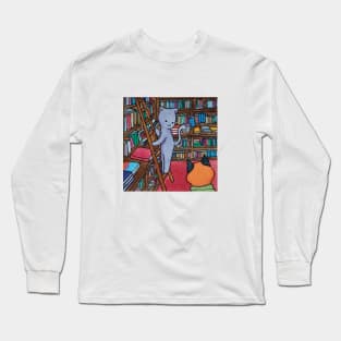 Cat and fox in a library watercolor illustration dark academia Long Sleeve T-Shirt